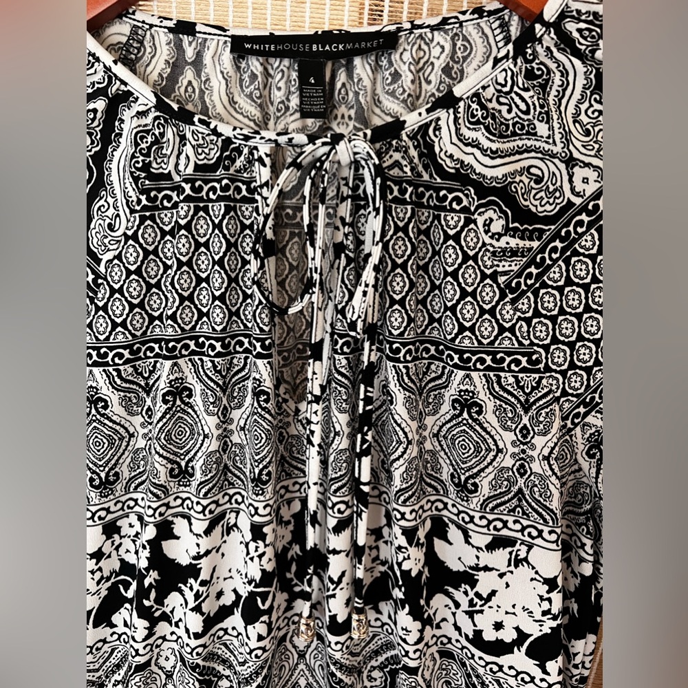 White House Black Market white and black 3/4 sleeve paisley boho dress - Picture 8 of 9